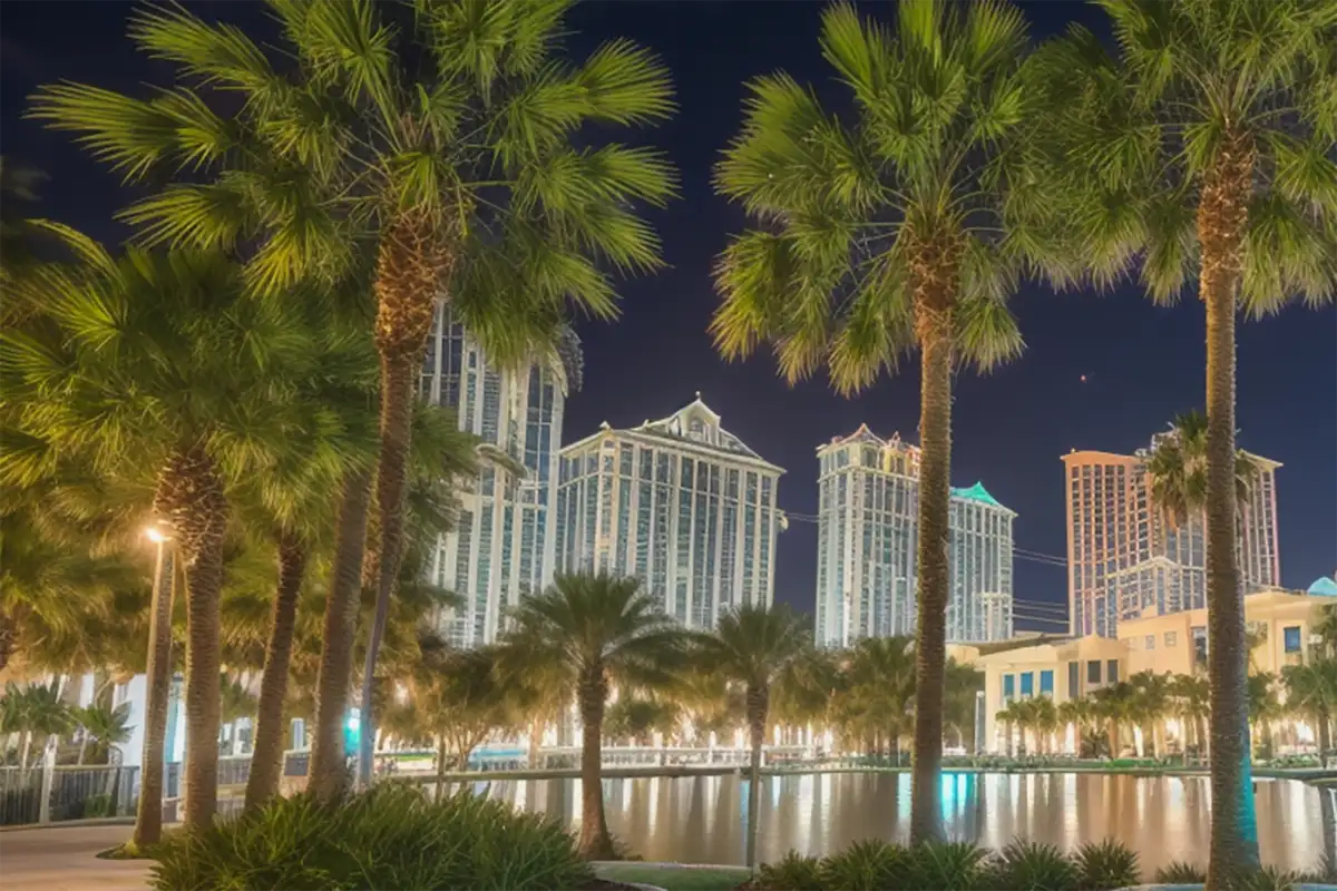 Night Time City and Palm Trees | Air Conditioning Repair | Orlando, FL | Sunshine Heating & Air Conditioning